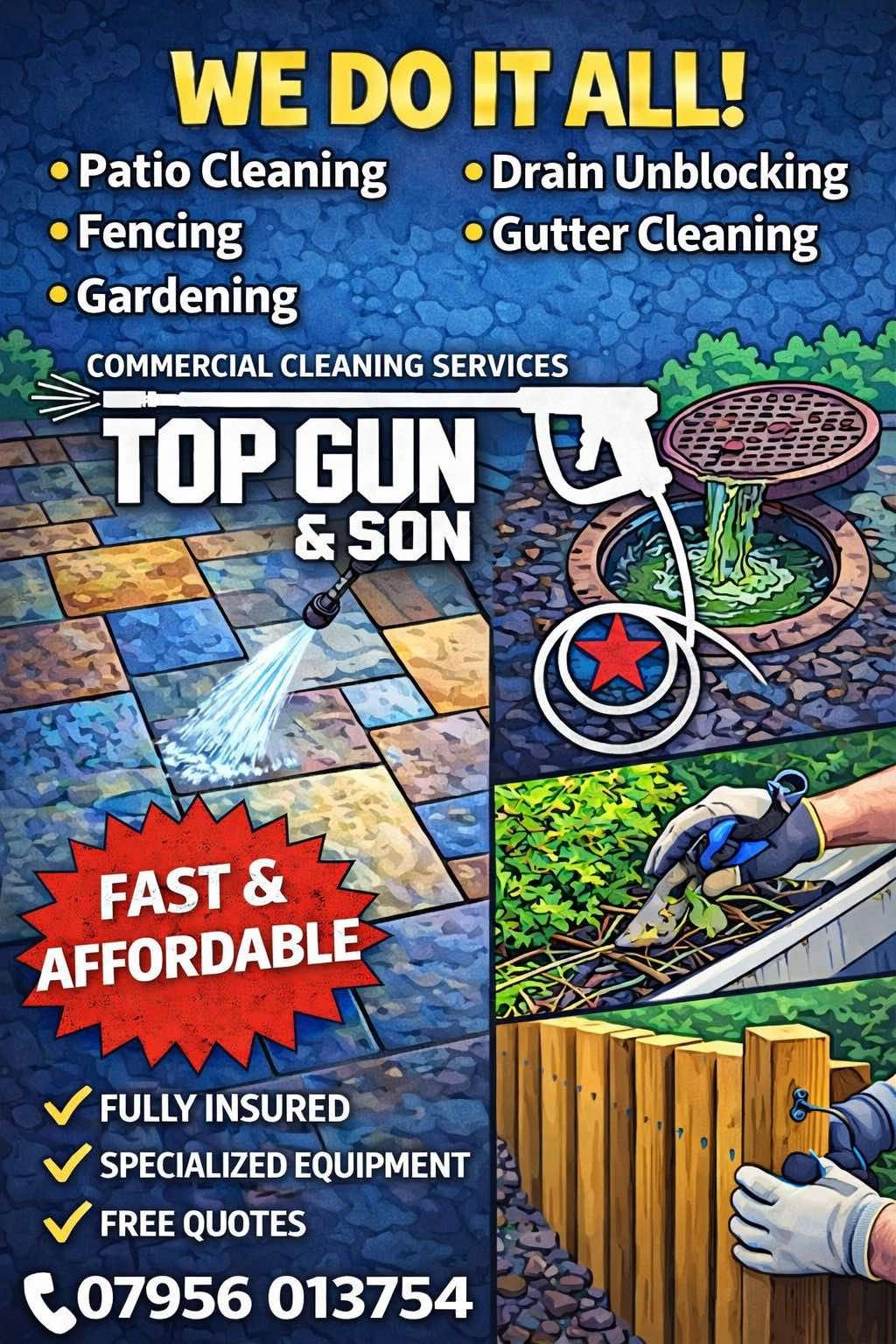 Top Gun & Son services - patio cleaning, fencing, gardening, drain unblocking and gutter cleaning